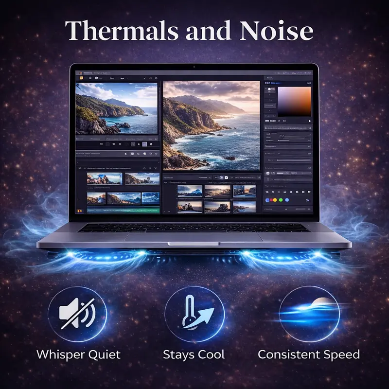 MacBook Pro thermal performance showing quiet cooling and consistent speed under sustained workloads