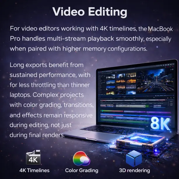 MacBook Pro video editing performance showing smooth 4K timelines, color grading, and fast export workflows