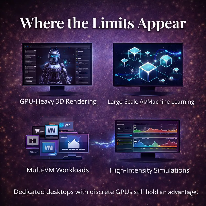 MacBook Pro performance limits showing GPU rendering, AI workloads, virtual machines, and high-intensity simulations