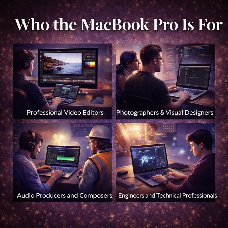 MacBook Pro used by video editors, designers, developers, audio producers, and engineers