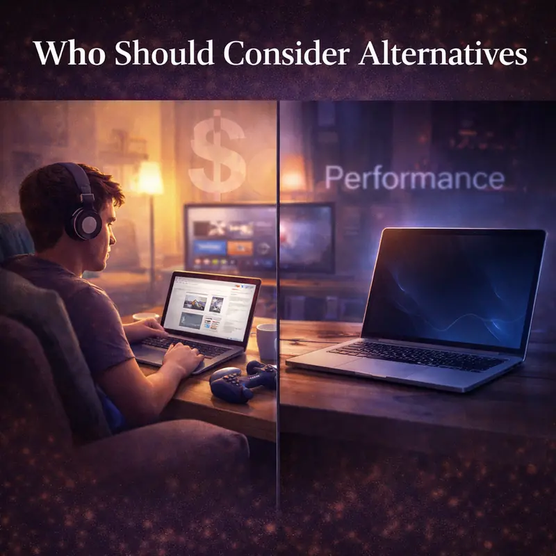 Casual laptop user versus performance laptop illustrating who should consider alternatives to MacBook Pro