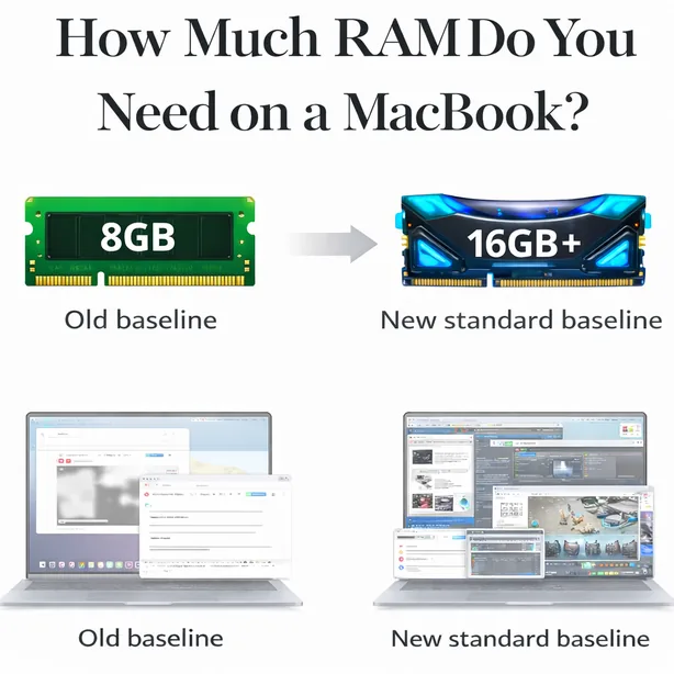MacBook RAM comparison showing 8GB old baseline versus 16GB+ new standard baseline