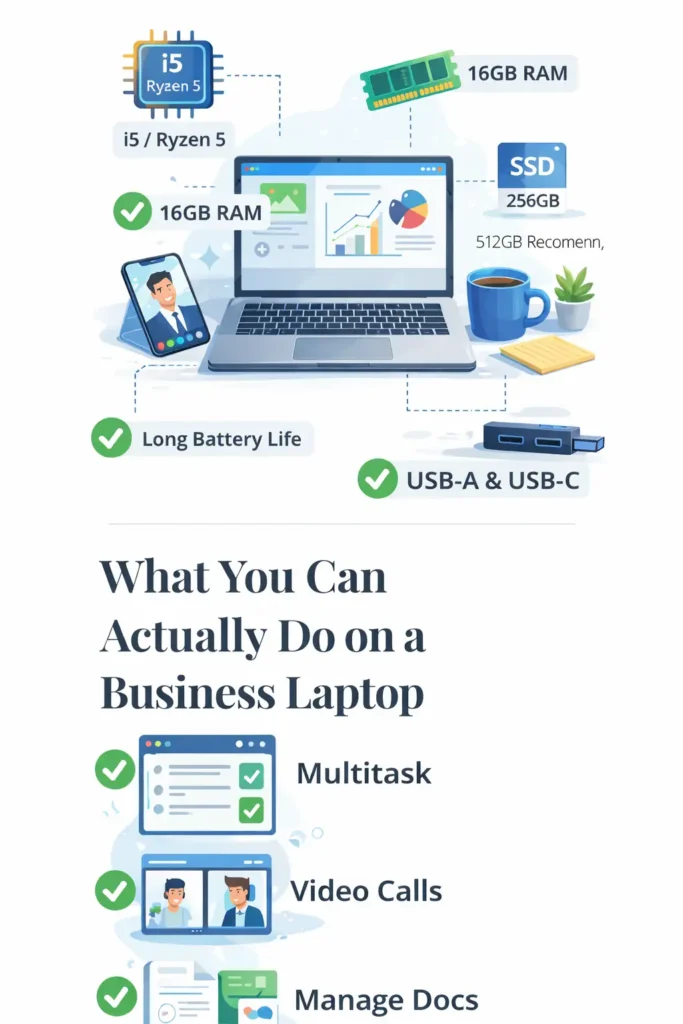 Minimum laptop specs that actually matter for business use including RAM, SSD storage, processor, battery life, and everyday productivity tasks