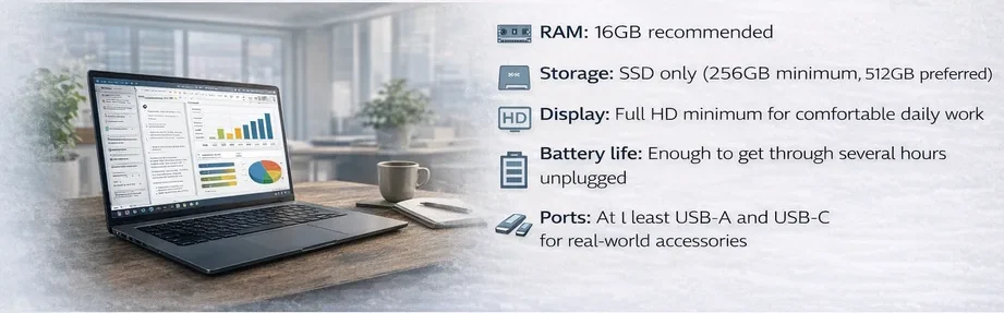 Minimum specs for a business laptop including processor RAM SSD storage display and ports
