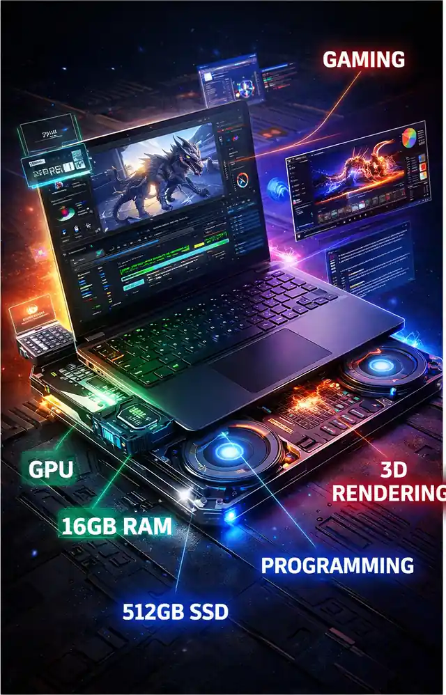 Gaming laptop showing minimum specs including dedicated GPU, 16GB RAM, SSD storage, and support for gaming, rendering, and programming