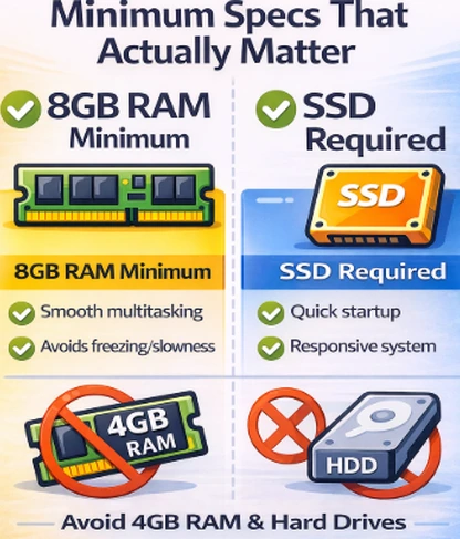 Minimum budget laptop specs showing 8GB RAM minimum and SSD storage as essential requirements