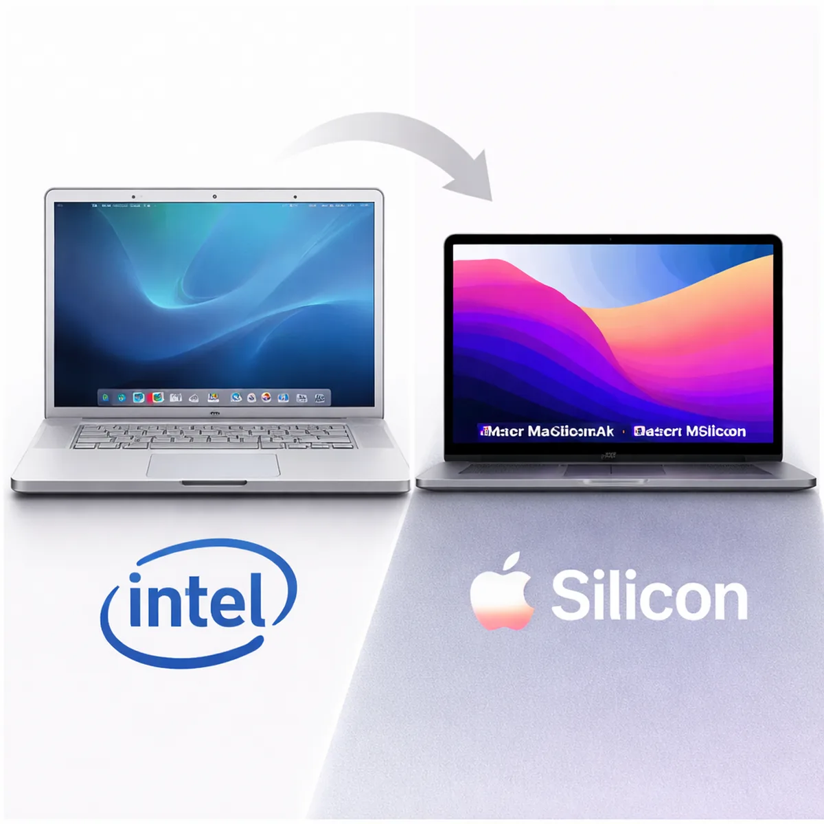 Older Intel MacBook next to modern Apple Silicon MacBook showing the transition from Intel to Apple Silicon