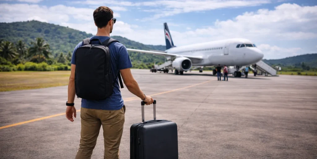 Remote worker with suitcase heading toward airplane showing portable work lifestyle and mobility
