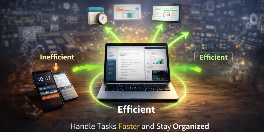 Laptop improving remote work efficiency compared to mobile devices with multitasking workflow