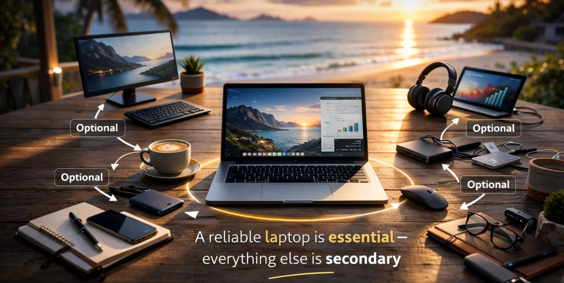 Laptop as the essential device for remote work with optional accessories surrounding it