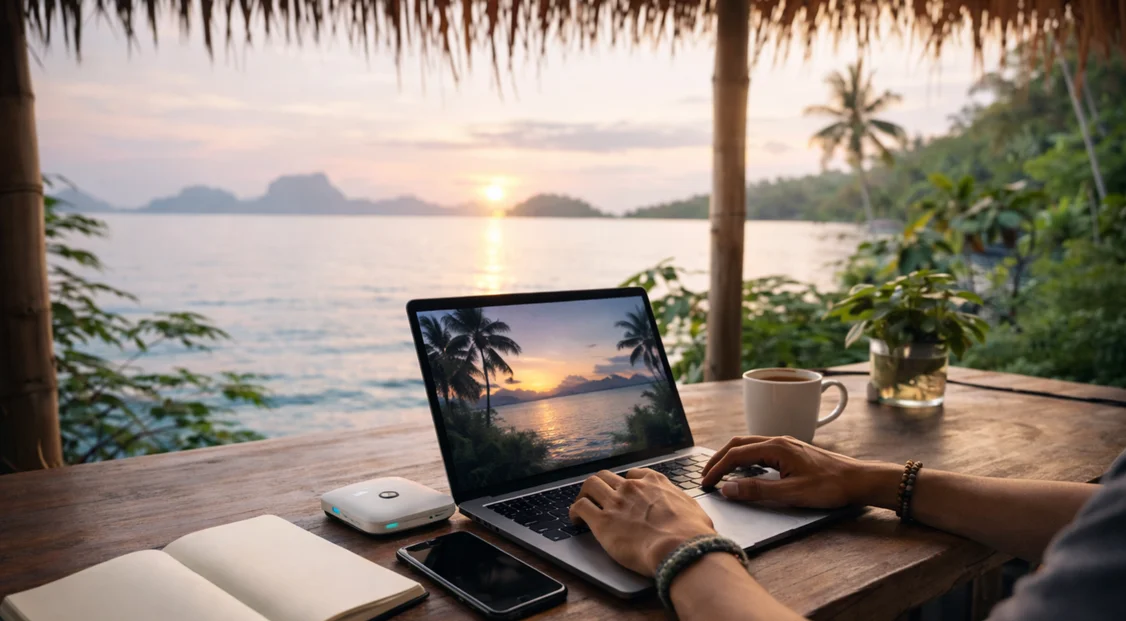 Laptop used for remote work at sunset overlooking the ocean in a digital nomad setup