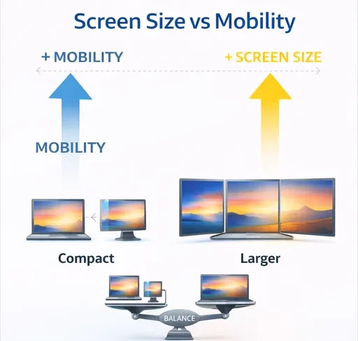 Screen size vs mobility laptop comparison showing compact laptops vs larger multi display setups