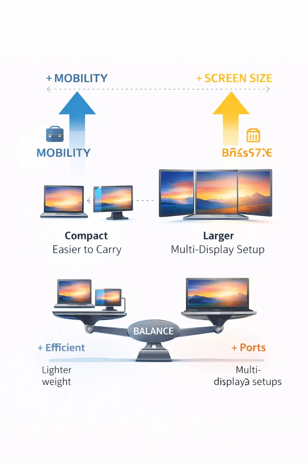 Screen size vs mobility laptop tradeoff showing larger displays versus portable lightweight setups