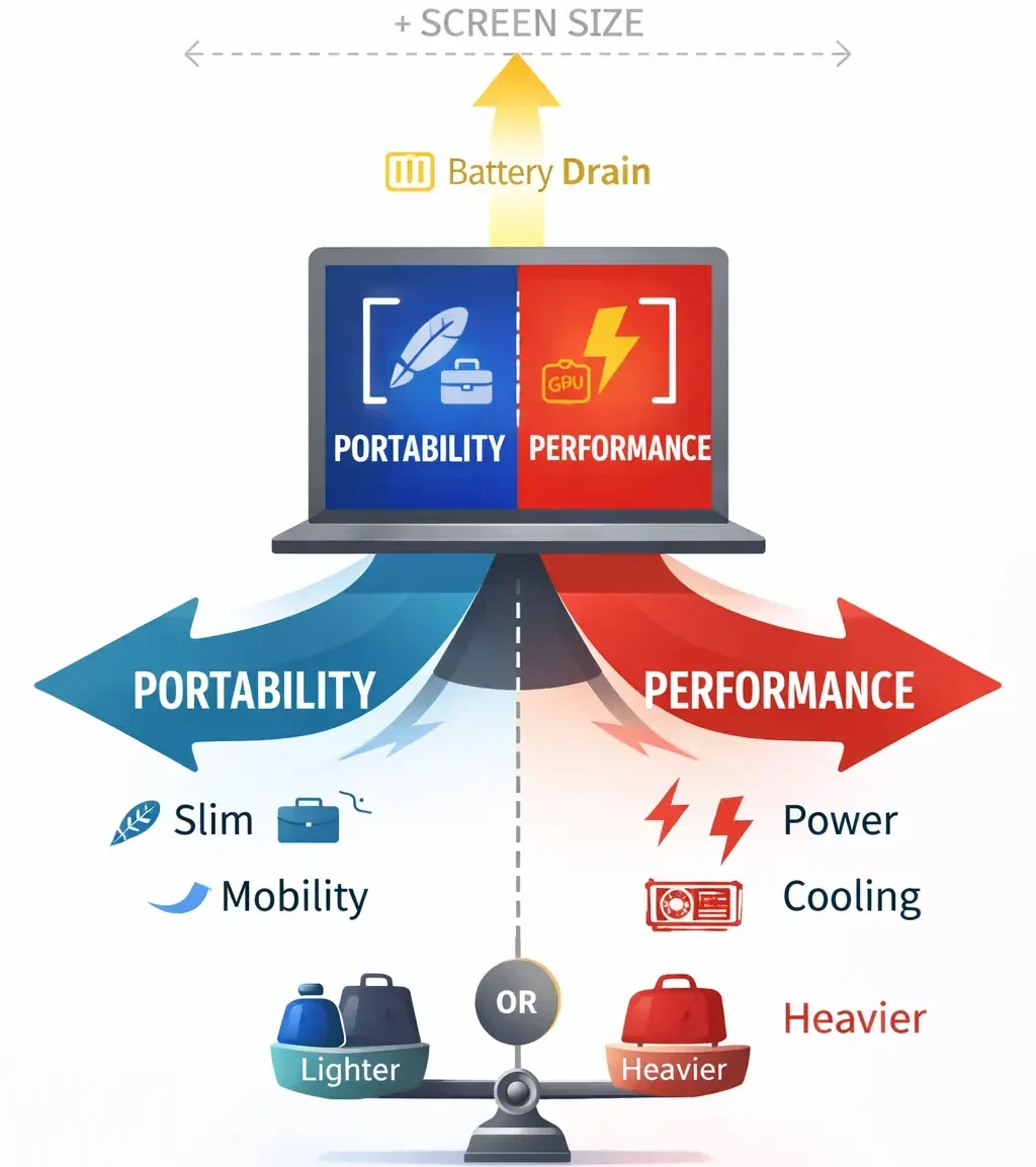 Performance vs portability laptop trade-offs showing weight size battery and cost considerations