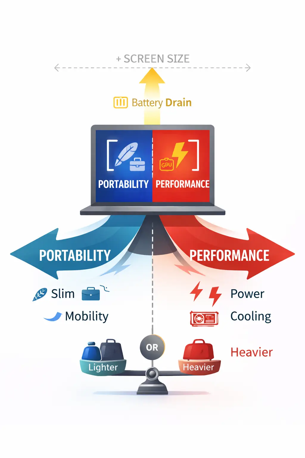 Laptop performance vs portability tradeoff showing how power, screen size, and battery life affect mobility