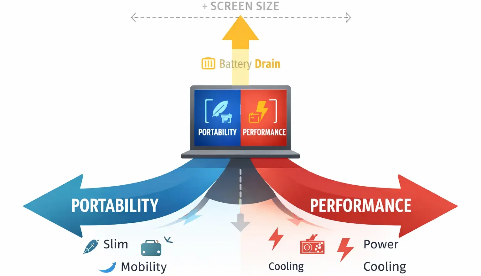 Laptop trade-offs diagram showing portability versus performance with battery and screen size impact