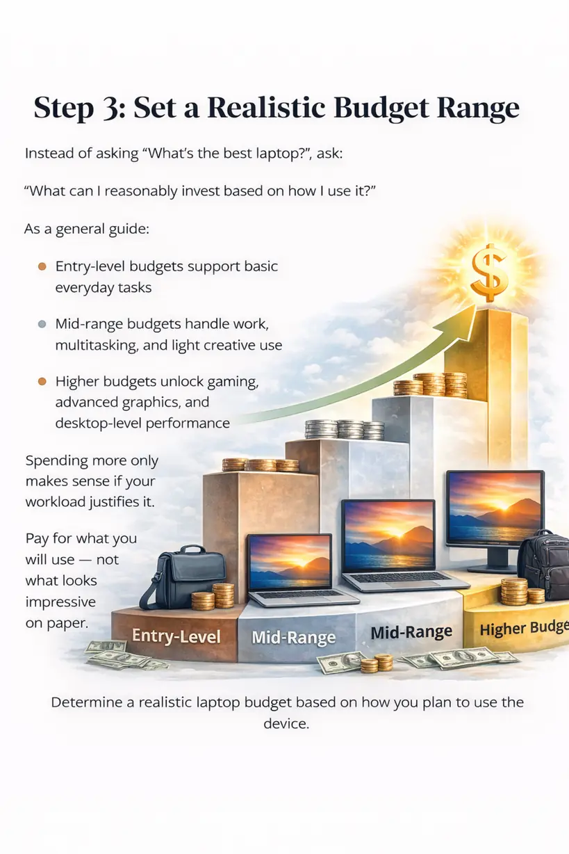 Laptop budget tiers infographic showing entry-level, mid-range, and higher budget options with performance scaling