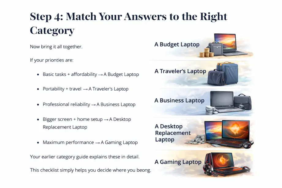 Match your laptop priorities to the right category including budget, travel, business, desktop replacement, and gaming