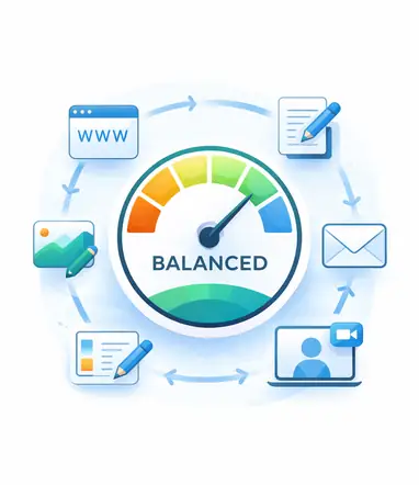 Balanced performance illustration showing travel laptops handling browsing, writing, email, video calls, and office work without excess power