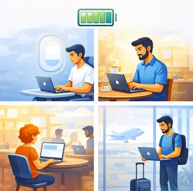 Travel laptop battery life illustration showing all-day power for remote work on flights, in cafés, coworking spaces, and airports
