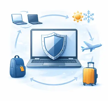 Travel laptop build quality illustration showing durability through packing, flights, temperature changes, and repeated opening and closing