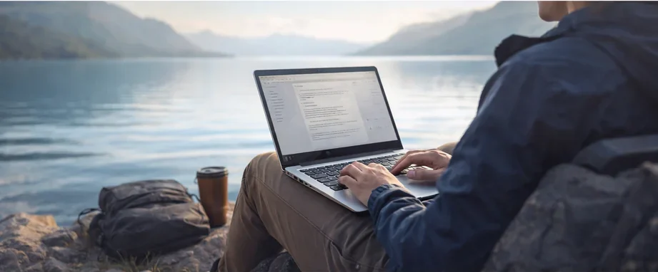 Person working on a laptop outdoors representing freedom and flexibility of a travel laptop