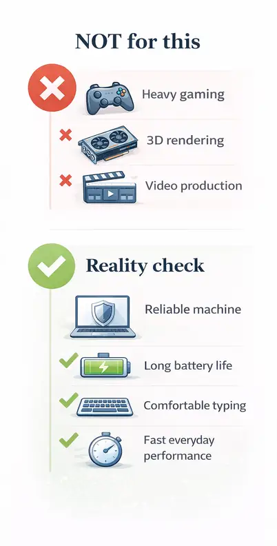 Travel laptop limitations infographic showing heavy gaming, 3D rendering, and video production crossed out with a reality check highlighting reliable performance, long battery life, comfortable typing, and fast everyday use