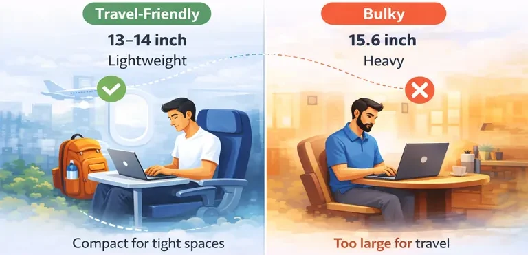 Comparison of laptop sizes showing portability advantages of 13 to 14 inch laptops for travel
