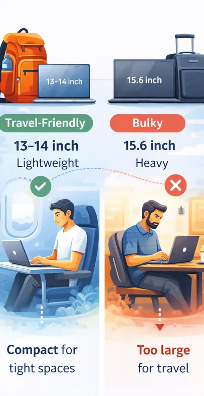 Comparison showing compact 13–14 inch travel laptops versus bulky 15.6 inch laptops for digital nomads and remote workers