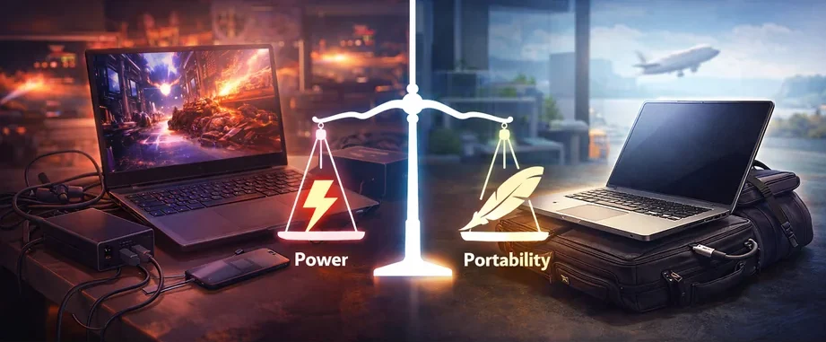 Comparison of lightweight travel laptop and powerful laptop highlighting trade-offs between portability and performance