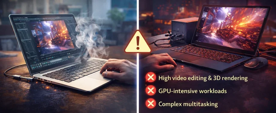 Lightweight travel laptop struggling with heavy workloads compared to a high-performance machine