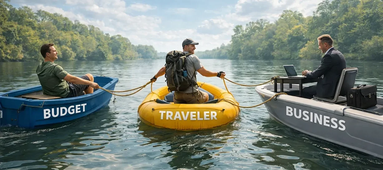 Budget, traveler, and business laptop overlap shown as connected boats on water