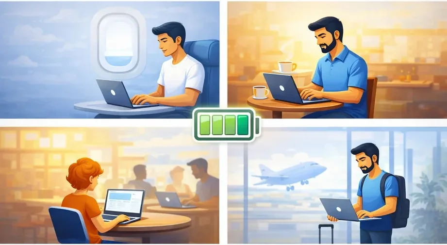 Traveler working on a laptop across environments like flights, cafés, hotels, and airports