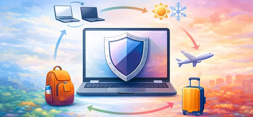 Traveler working on a laptop in multiple environments like cafés, airports, and hotels