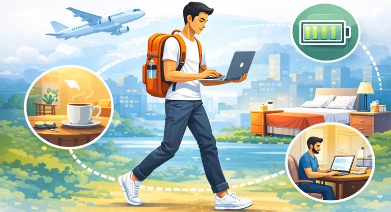 Traveler using a laptop while working remotely across different locations like cafés, flights, and hotels