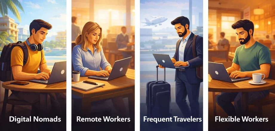 Different types of travelers using laptops including digital nomads, remote workers, and business travelers