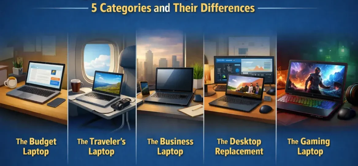Five laptop categories illustrated: budget, travel, business, desktop replacement, and gaming laptops