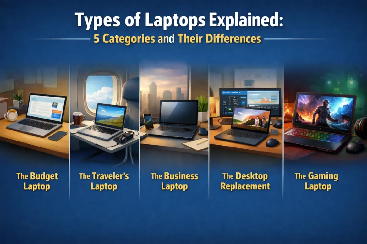Five laptop categories illustrated: budget, travel, business, desktop replacement, and gaming laptops