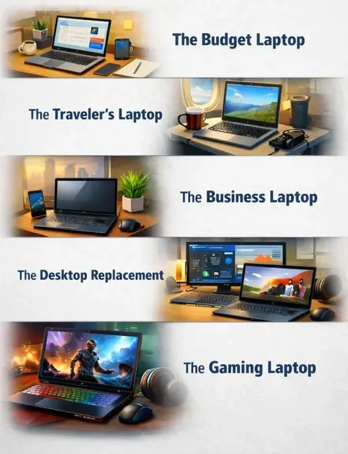 Vertical layout showing five laptop categories: budget, traveler, business, desktop replacement, and gaming