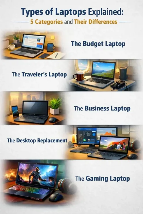 Vertical layout showing five laptop categories: budget, traveler, business, desktop replacement, and gaming