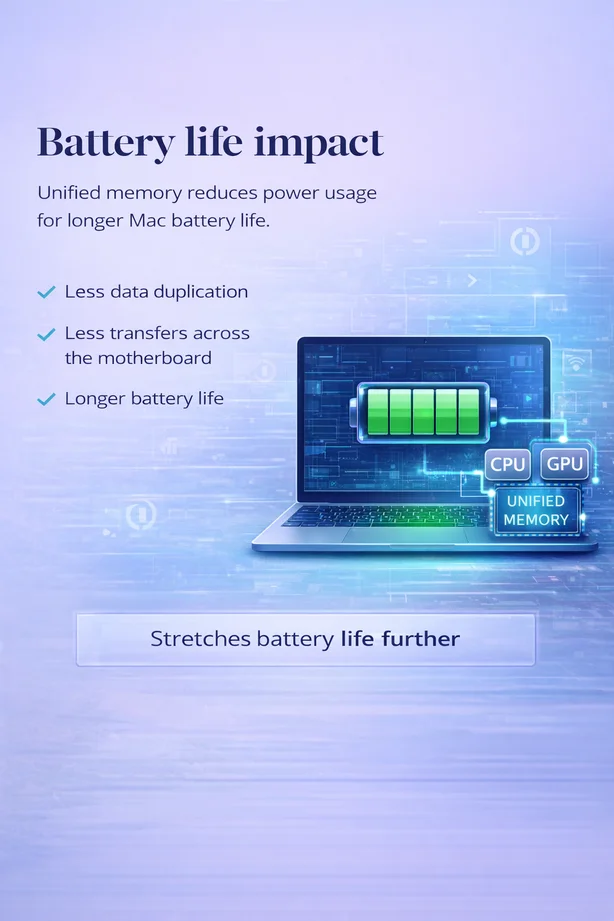 Illustration showing unified memory improving Mac battery life with fewer data transfers and efficient CPU GPU sharing