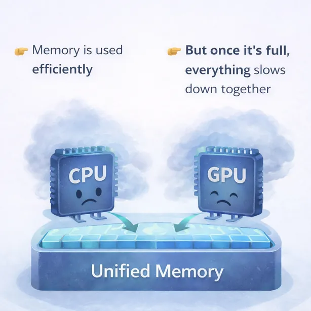 Illustration showing CPU and GPU slowing down when shared unified memory becomes full