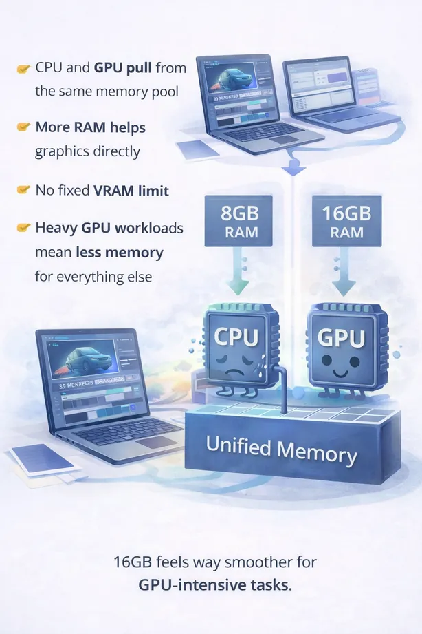 Illustration showing how unified memory affects GPU performance with 8GB vs 16GB RAM