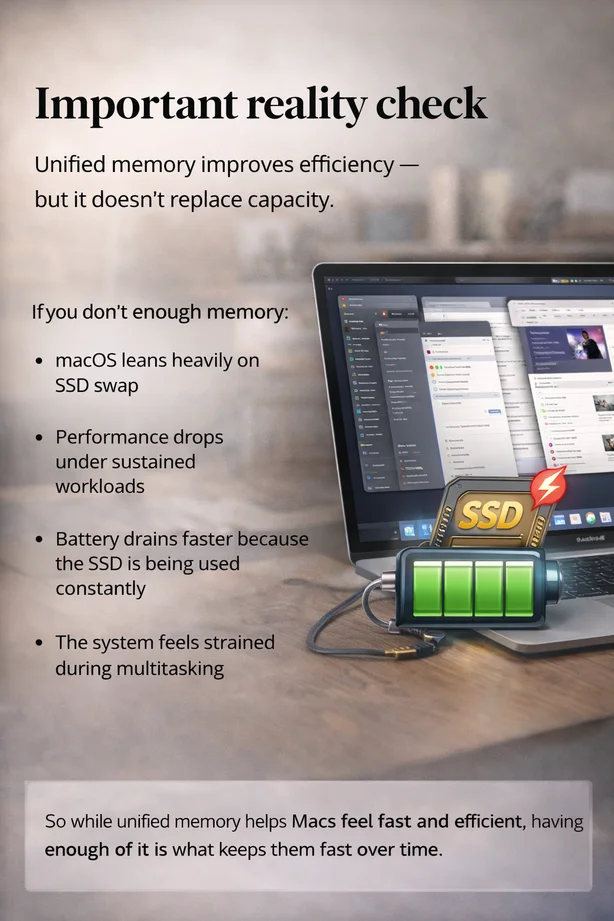 Realistic illustration showing Mac performance strain when unified memory is insufficient and SSD swap increases