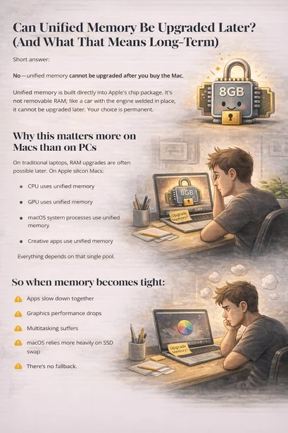 Illustration showing unified memory cannot be upgraded after purchase and how tight memory affects performance