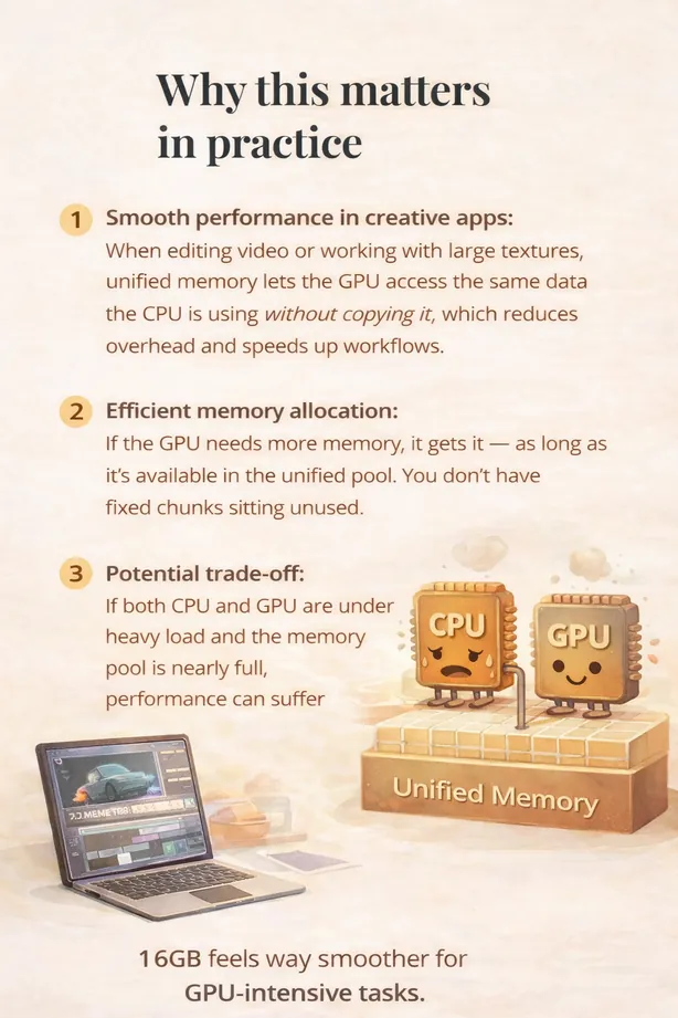 Illustration explaining real-world effects of unified memory including smooth performance and potential trade-offs