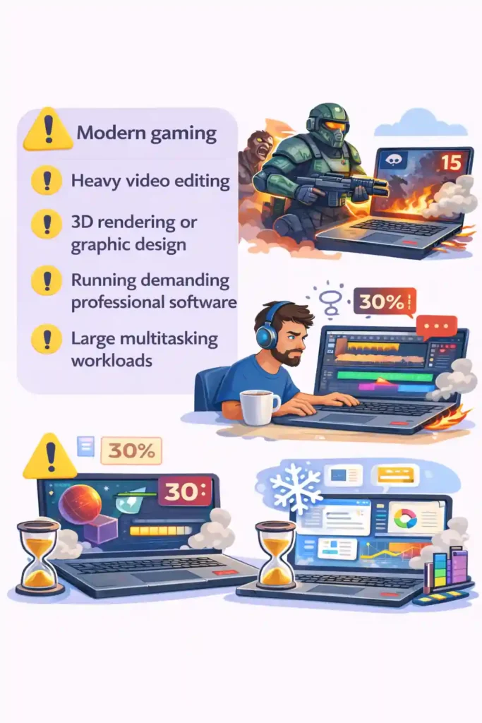 Illustration showing tasks budget laptops are not designed for, including gaming, video editing, 3D rendering, demanding software, and heavy multitasking