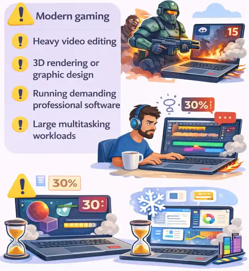 Tasks budget laptops are not designed for including gaming, video editing, 3D rendering, demanding software, and heavy multitasking