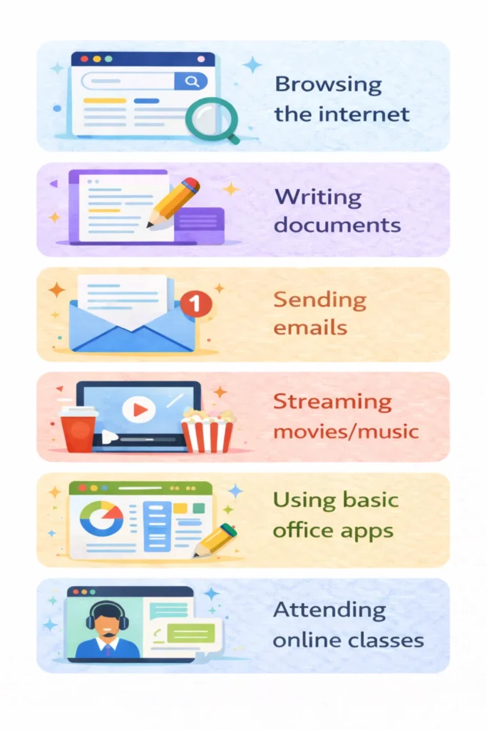 What you can do on a budget laptop including browsing, writing documents, sending emails, streaming media, using office apps, and attending online classes