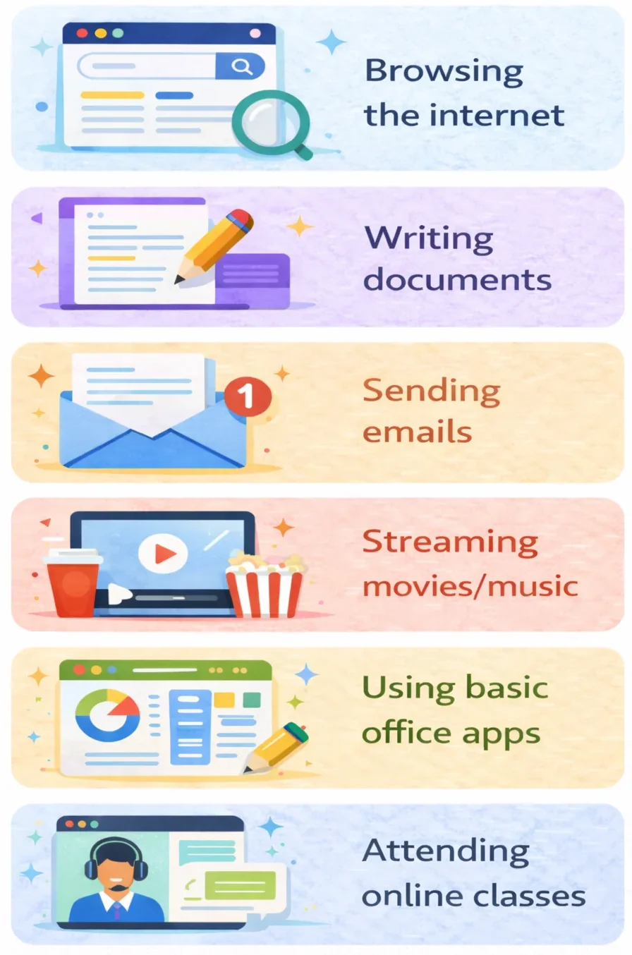 What you can do on a budget laptop including browsing, writing documents, emails, streaming, and online classes